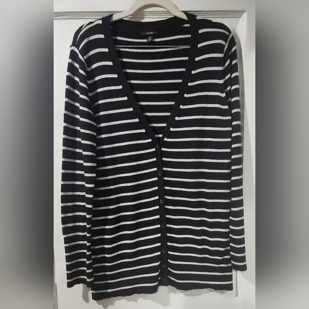 🪻Jacob Black & White Striped V-Neck Button-Front Cardigan🪻size: L - Picture 2 of 6